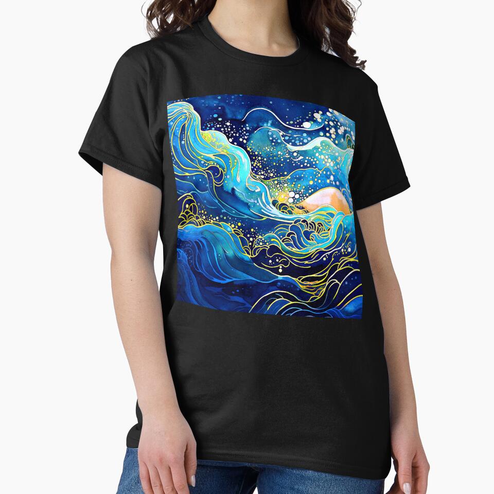 Asian-Inspired Blue Ocean Waves Abstract Design Art by DEC02 T-Shirts, Hoodie, Sweatshirt | BlankRebels.com (Image 2)