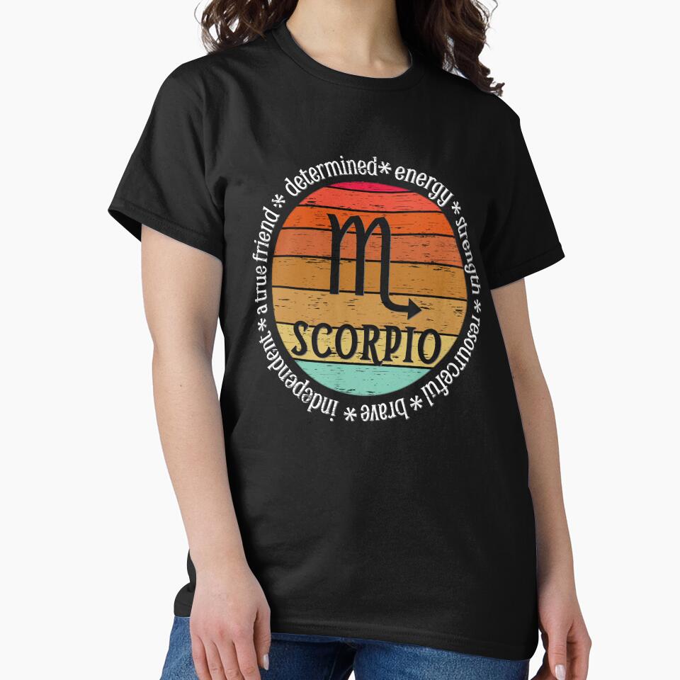 Scorpio,zodiac sign and lettering, sunset retro style by plastic2021 T-Shirts, Hoodie, Sweatshirt | BlankRebels.com (Image 2)