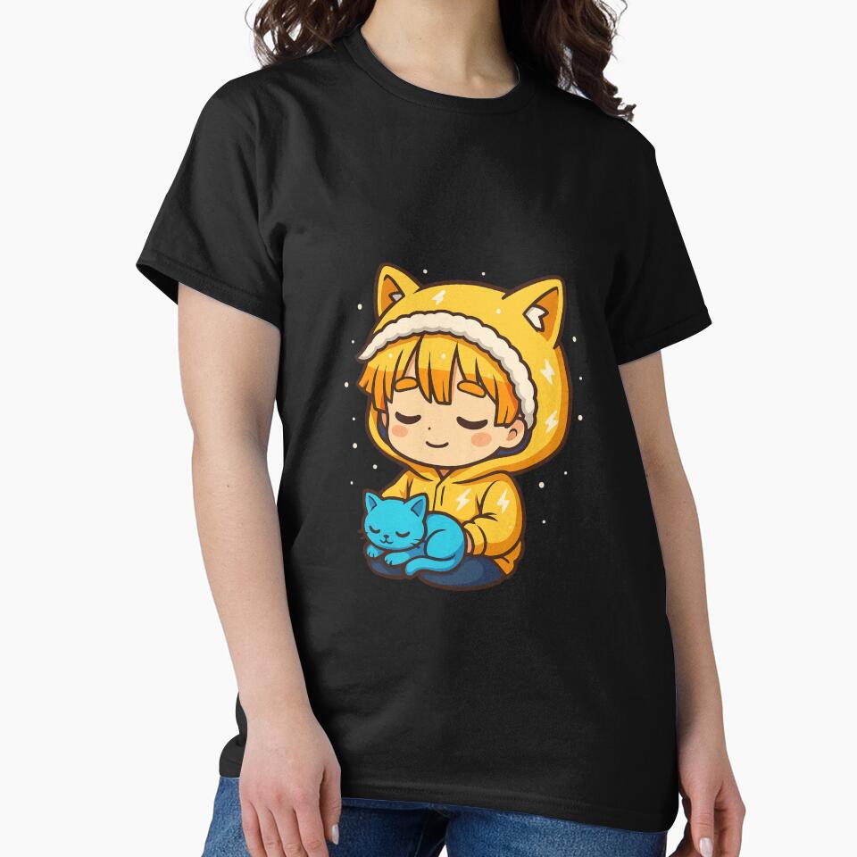 Lightning Cat Boy Chibi – Yellow Hoodie Anime Boy with Electric Blue Kitten by ColorSplash123 T-Shirts, Sweatshirt (Image 2)