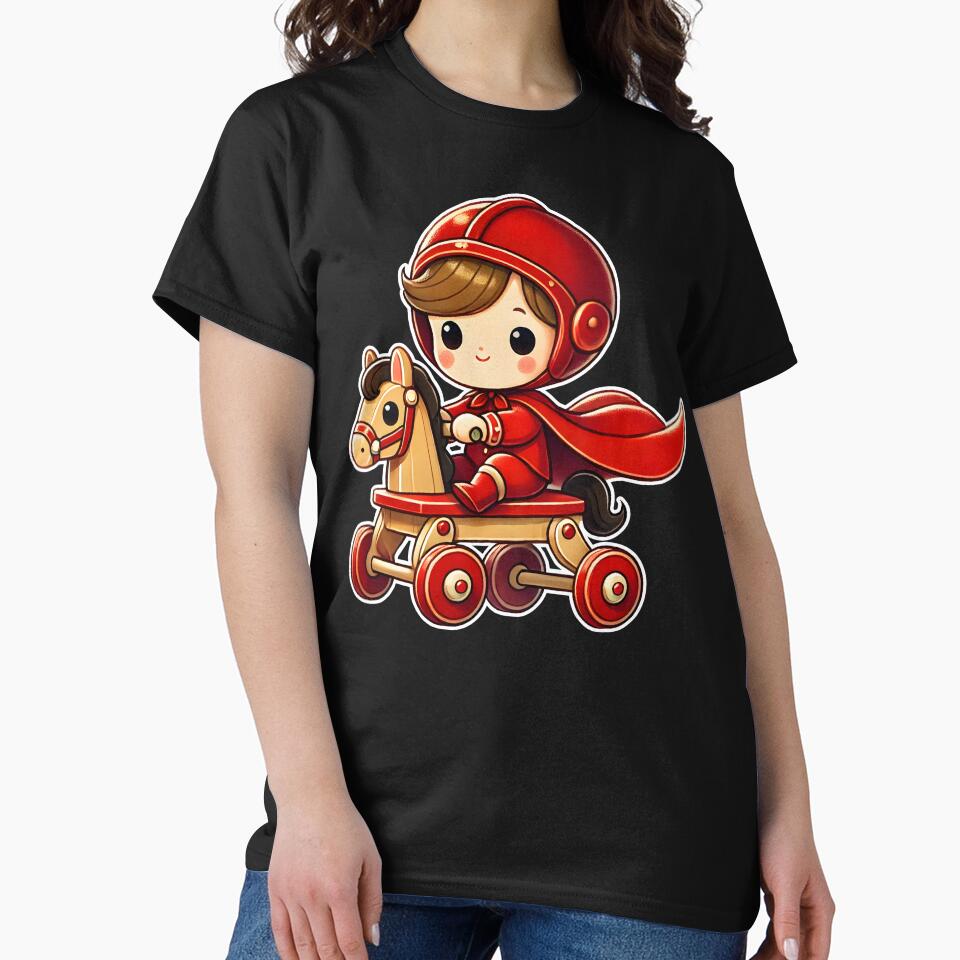 Adorable Child on Toy Horse with Red Cape - Fun and Nostalgic Cartoon Art by DrawHandArt T-Shirts, Hoodie,... (Image 2)