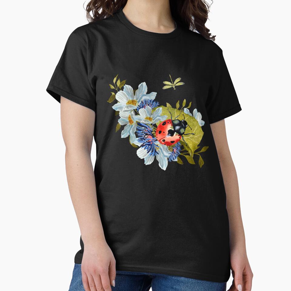 Flower Daisy Ladybug Leaves Dragonfly Watercolor Black Yana Mustafina Boho Soulful T-Shirts, Hoodie, Sweatshirt