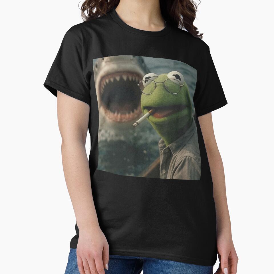 Vintage Washed Dark Humor, Smoking Frog Meme, Shark Attack Parody, Retro Cinematic by toongstudio T-Shirts,... (Image 2)