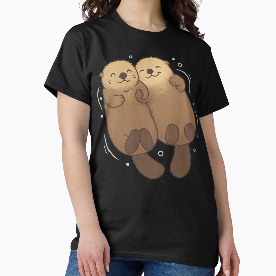 Adorable Cute Otter Couple Holding Hands Cartoon Illustration Gift for Animal Lovers by DrawHandArt T-Shirts,... (Image 2)