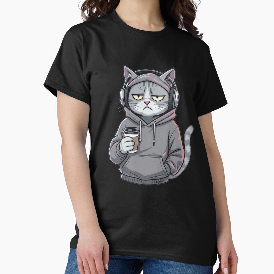 Bored Morning Cat with Coffee – Chill Hip-Hop Hoodie Cartoon by ColorSplash123 T-Shirts, Sweatshirt (Image 2)