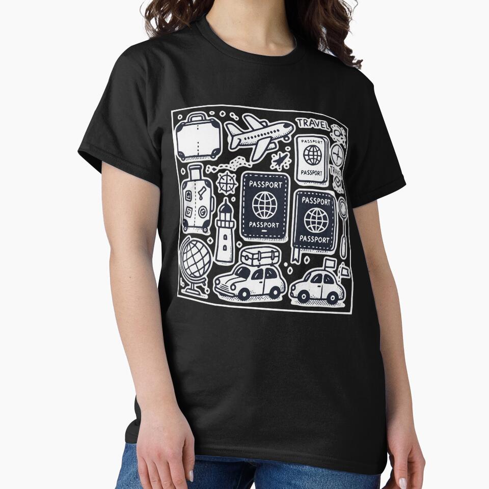 Whimsical Minimalist Travel Icons Passport Adventure Illustration by UniqueCraftsnCo T-Shirts, Hoodie, Sweatshirt (Image 2)