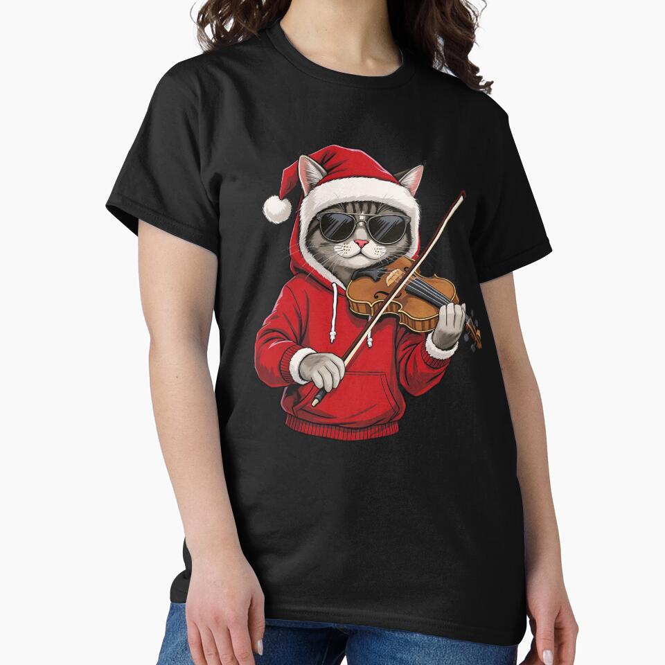 Cool Cat Playing Violin – Elegant Funny Christmas Cat Illustration by ColorSplash123 T-Shirts, Hoodie, Sweatshirt (Image 2)