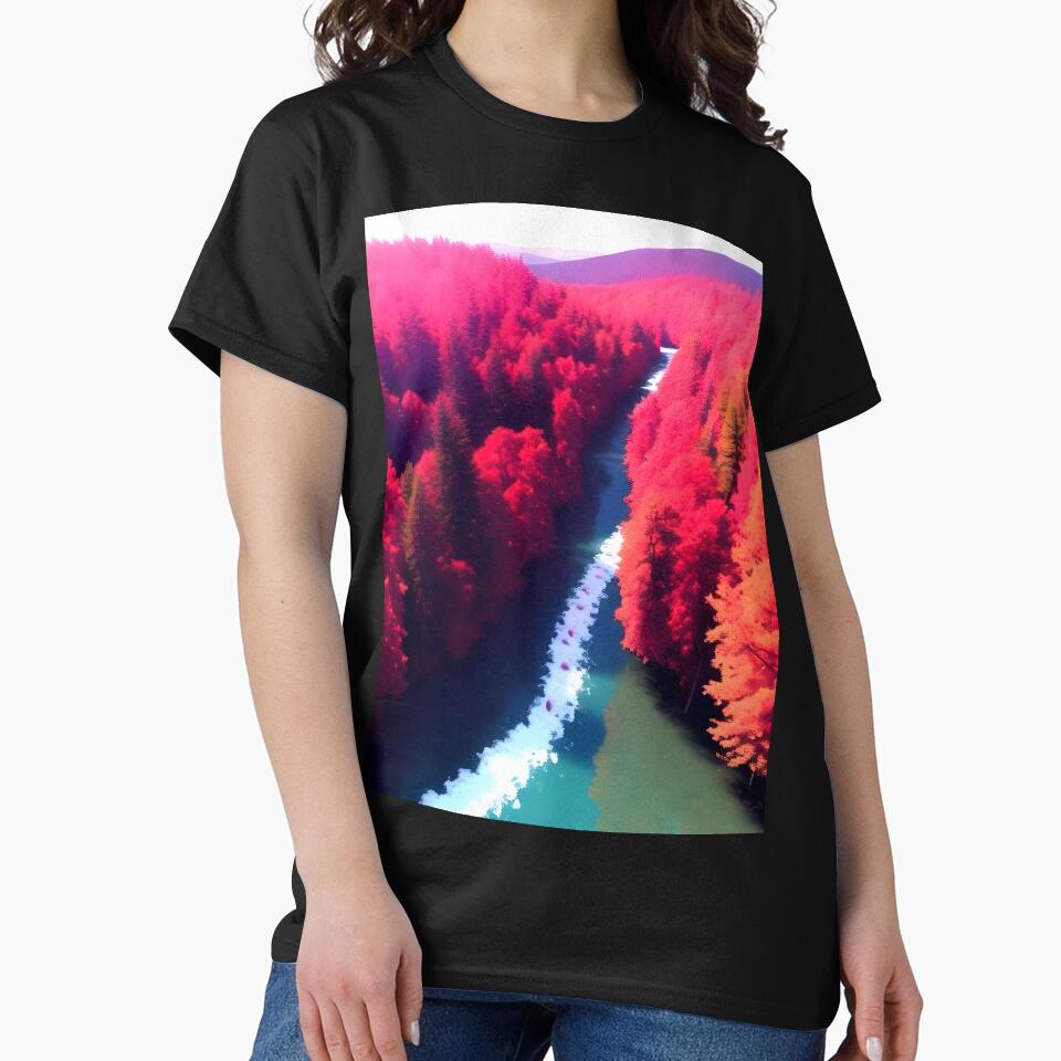 Red Forest & River View Landscape Art by supeart T-Shirts, Hoodie, Sweatshirt | BlankRebels.com (Image 2)