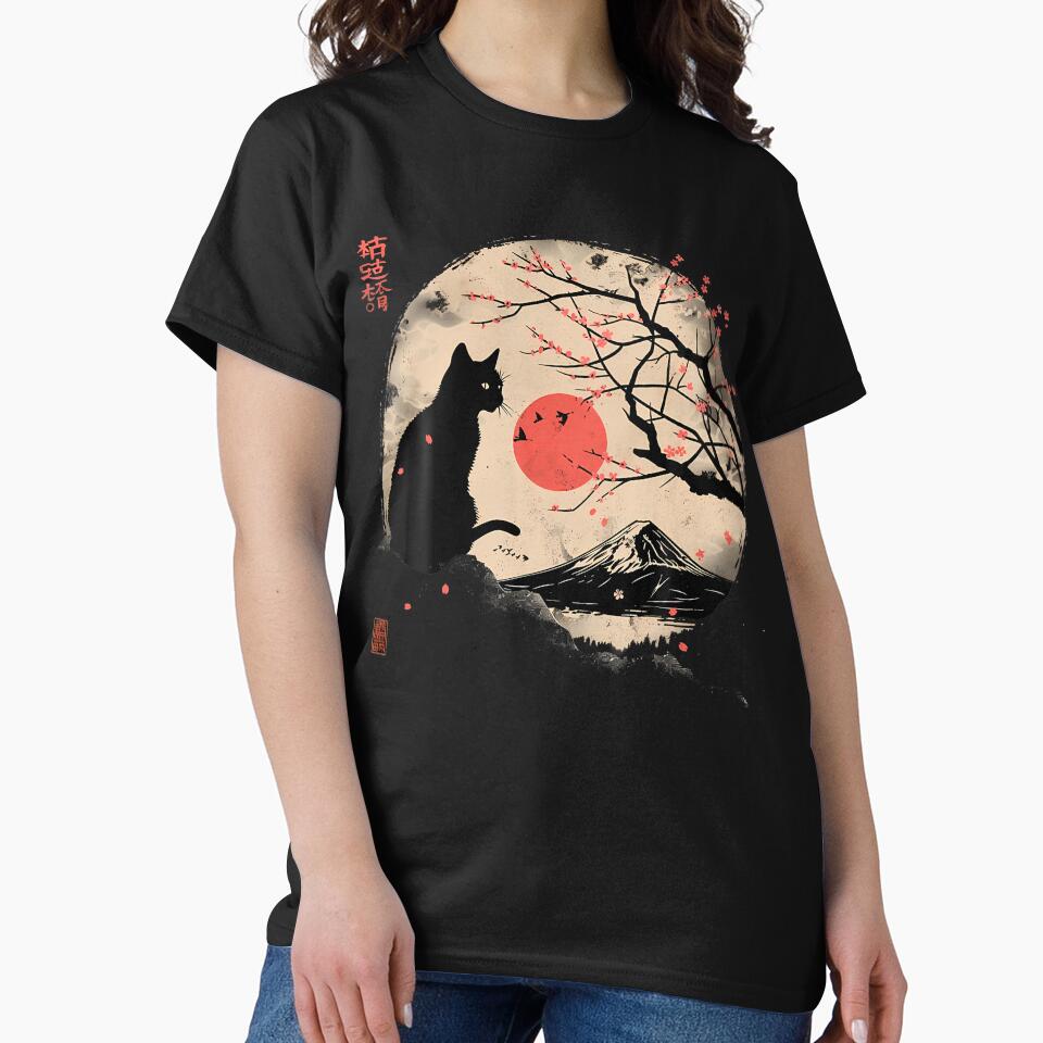 Black Cat Vintage Japan Art Japanese Theme Retro Print by charlettebren T-Shirts, Hoodie, Sweatshirt (Image 2)