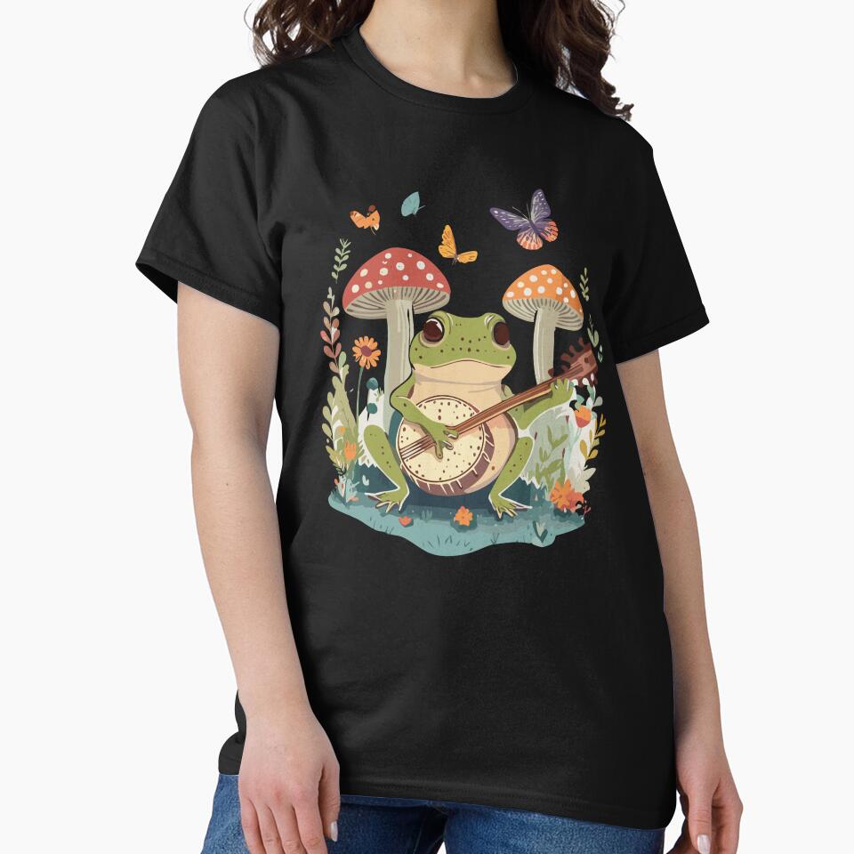 Cute Cottagecore Aesthetic Frog Playing Banjo Mushroom Vintage Graphic by Dapper-Art T-Shirts, Hoodie, Sweatshirt (Image 2)