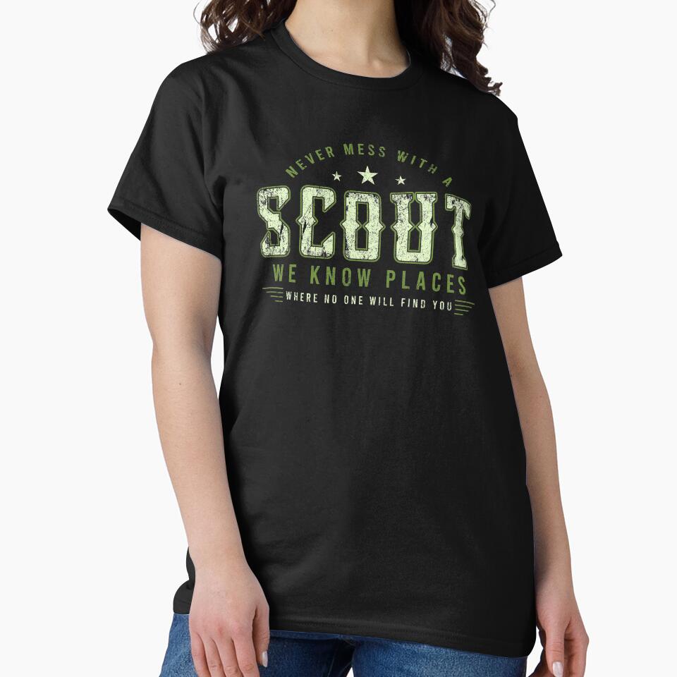 Never Mess With A Scout We Know Places Where None Find You Camp Bonfire Camper Bigfoot Tent Camping Flashlight Tee by shirti