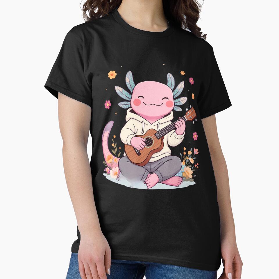 Music Lover Axolotl Playing Ukulele with Flowers – Joyful Creative Illustration by ColorSplash123 T-Shirts,... (Image 2)