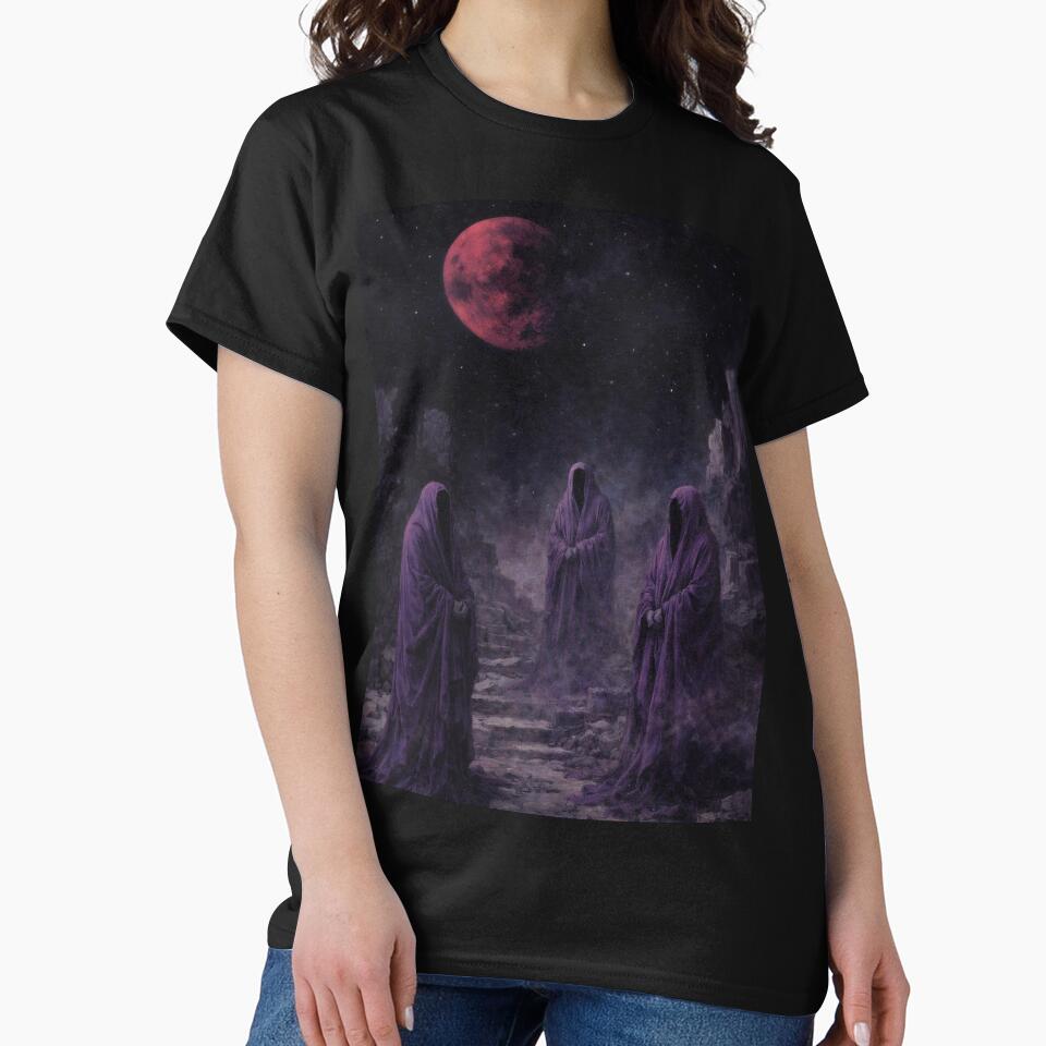 Three Veiled Figures Beneath a Red Moon – Symbolic Dark Fantasy Oil Painting by Visualynx T-Shirts, Hoodie,... (Image 2)