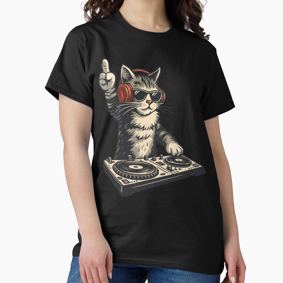 Funny  Cool DJ Cat Disc Jockey Kitty Artwork with Headphones by DrawHandArt T-Shirts, Hoodie, Sweatshirt (Image 2)