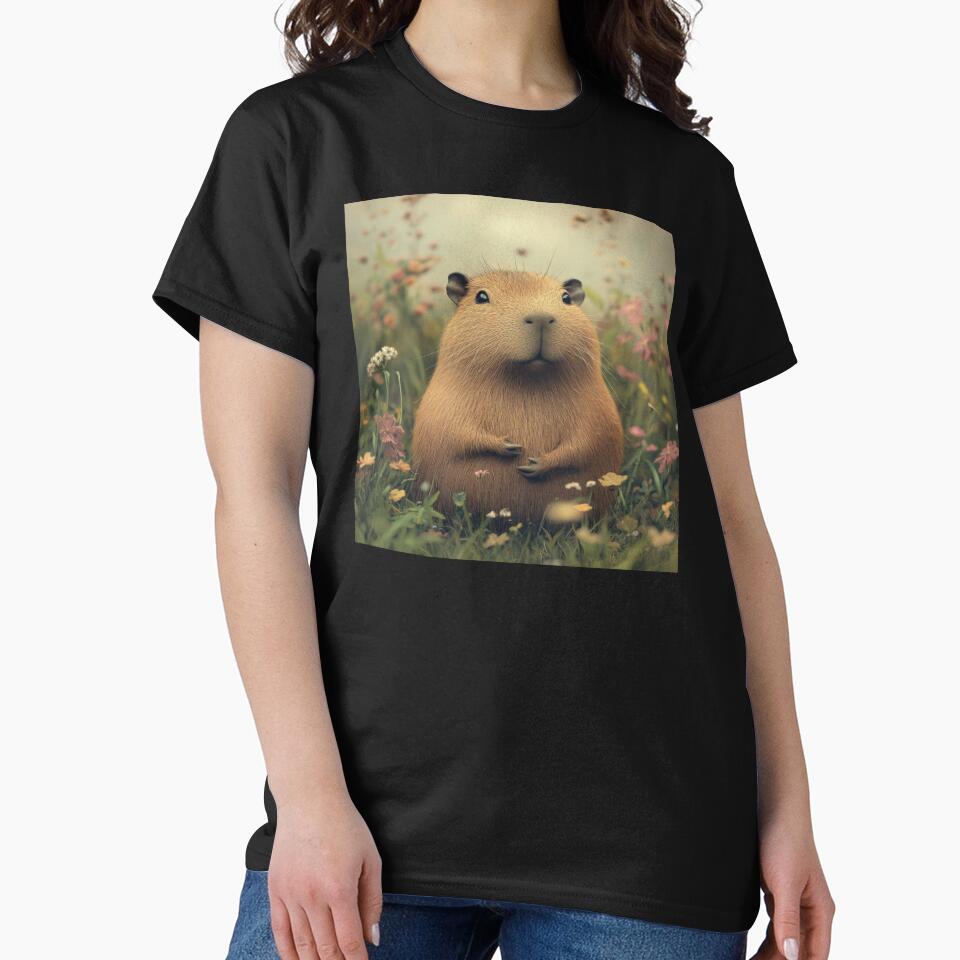 Whimsical Capybara Field Flowers Nature Art T-Shirts, Hoodie, Sweatshirt