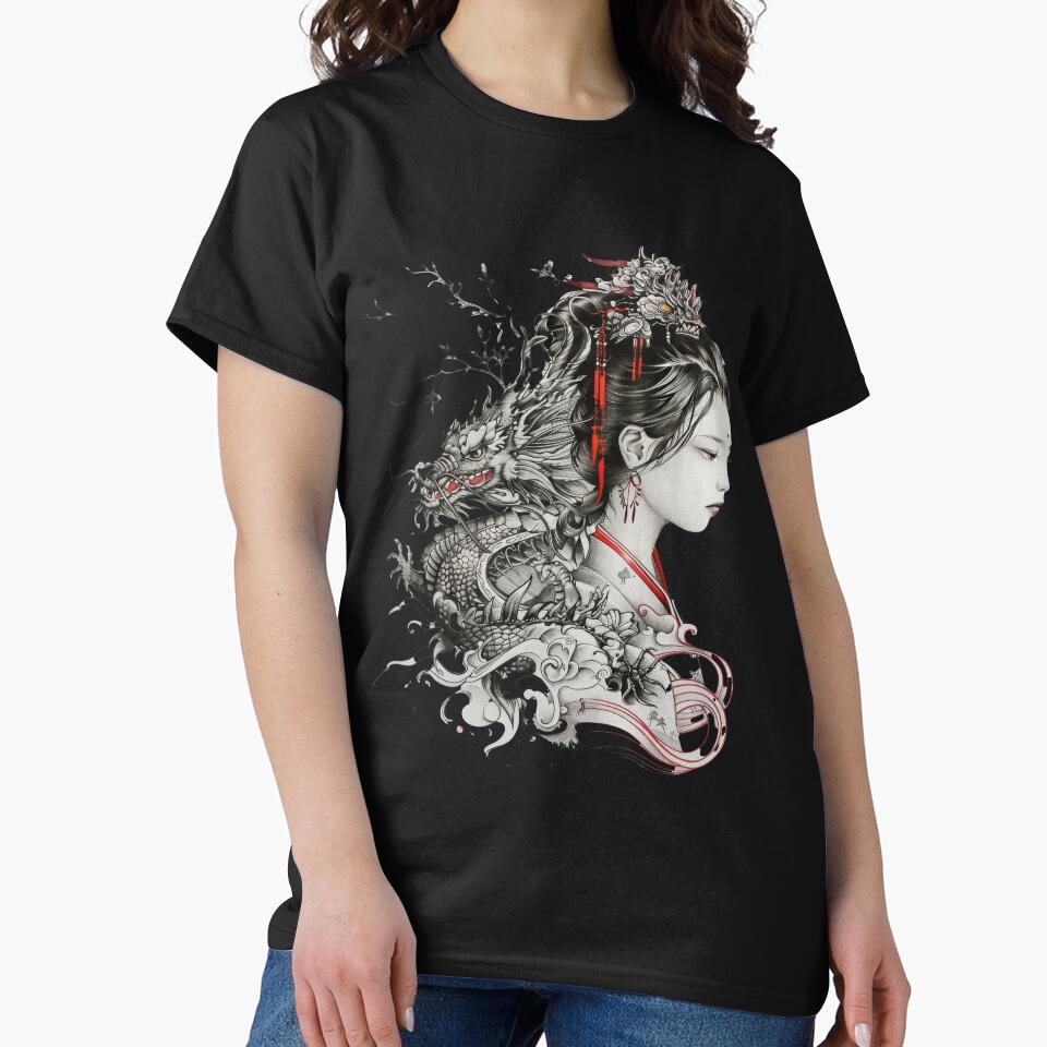 Geisha And Dragon. Tattoo style art. by Lucy Goosy Art T-Shirts, Hoodie, Sweatshirt | BlankRebels.com (Image 2)