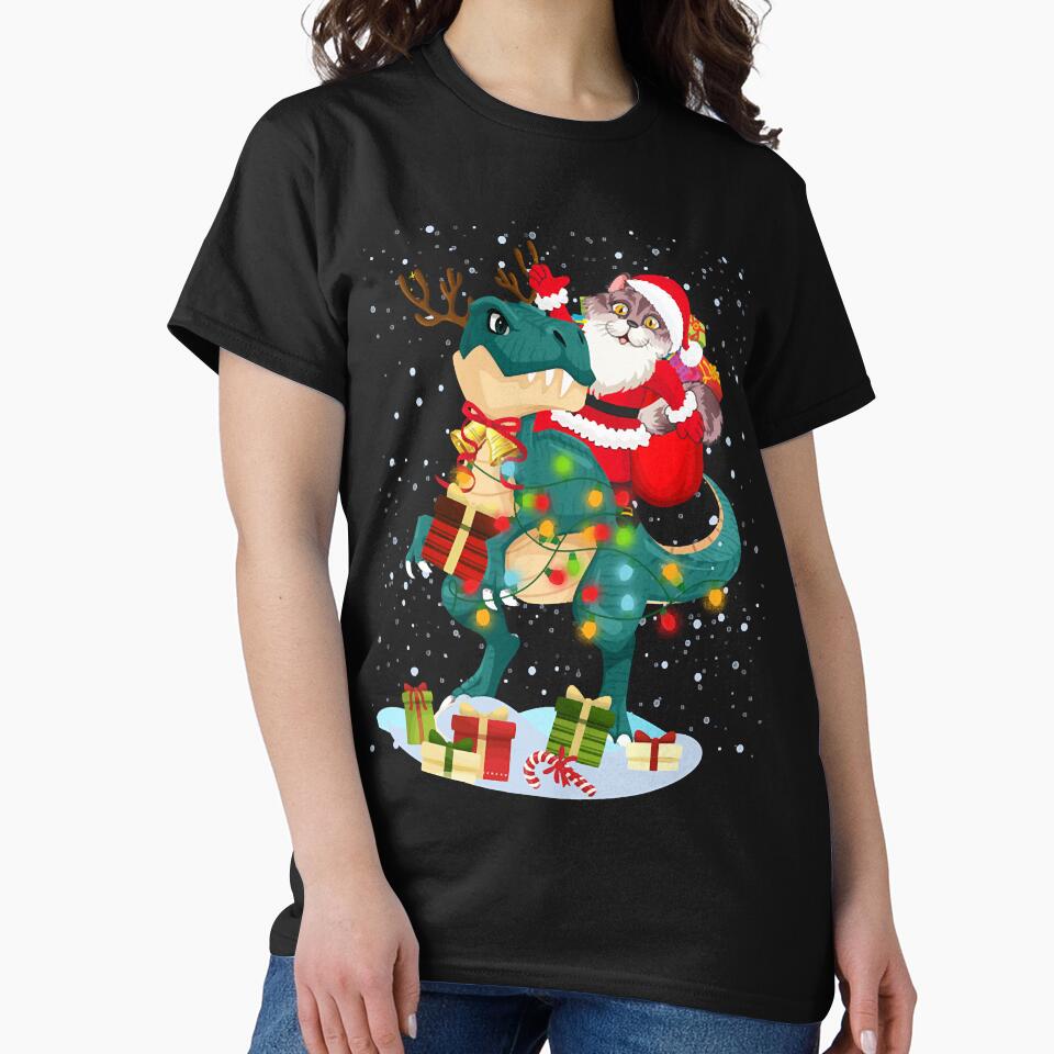 Cat Riding A Dinosaur For Christmas Tee Who Wants Xmas Gifts by singh130
