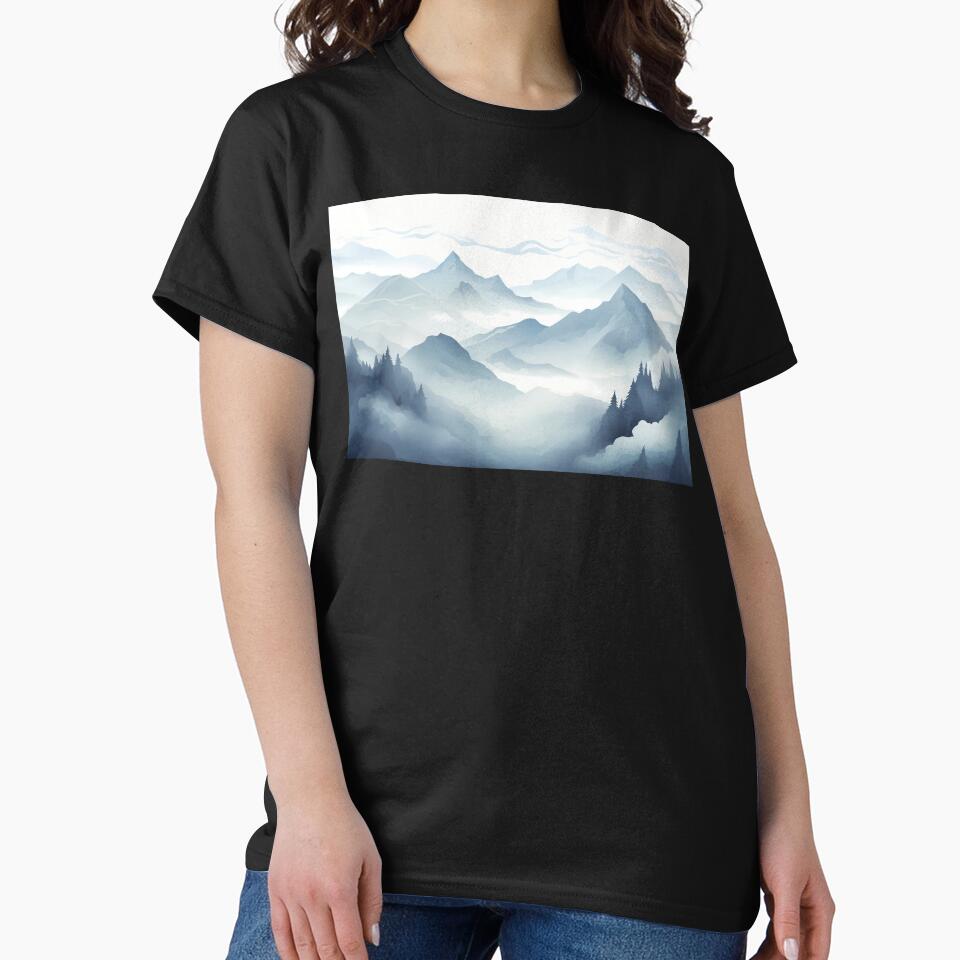 Foggy mountain range or land with forest trees horizon view artwork by NBSStore T-Shirts, Hoodie, Sweatshirt (Image 2)