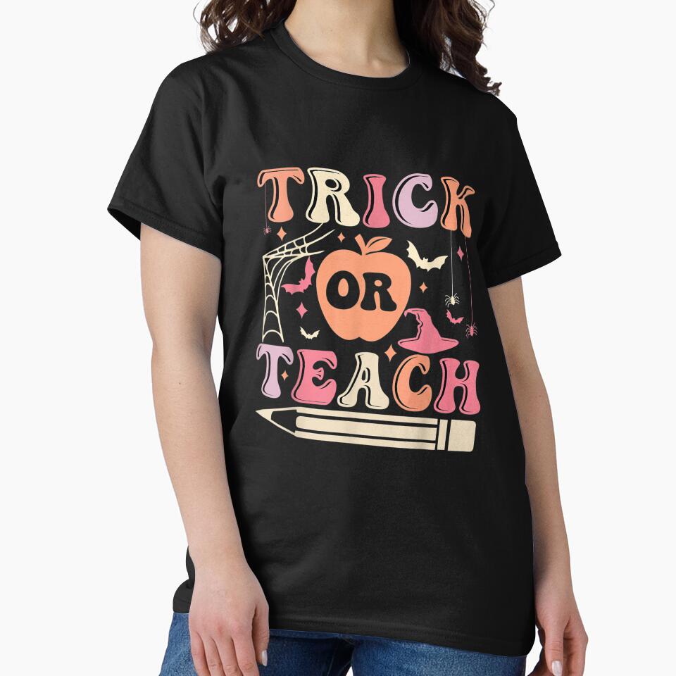 Retro Vintage Groovy Trick Or Teach Halloween Teacher Life by Jonahjimenez T-Shirts, Hoodie, Sweatshirt (Image 2)