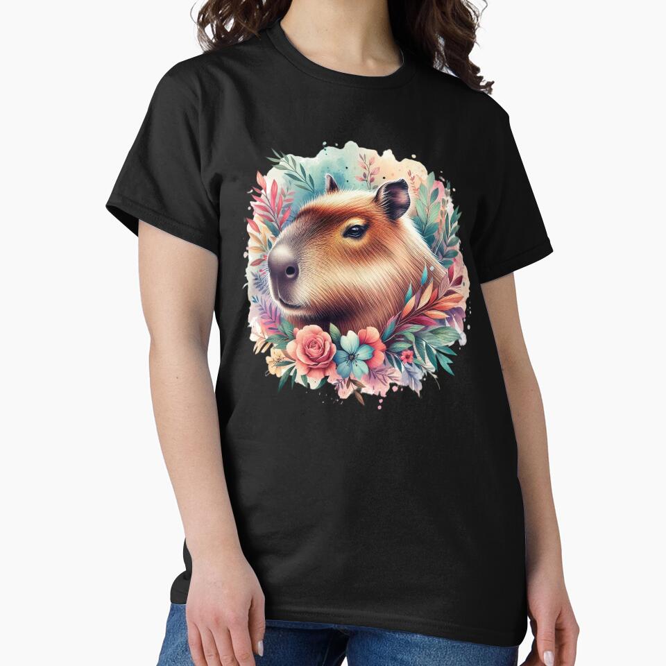 A capybara with a colorful background and various colorful leaves and flowers. by Marcoshop10 T-Shirts, Hoodie,... (Image 2)