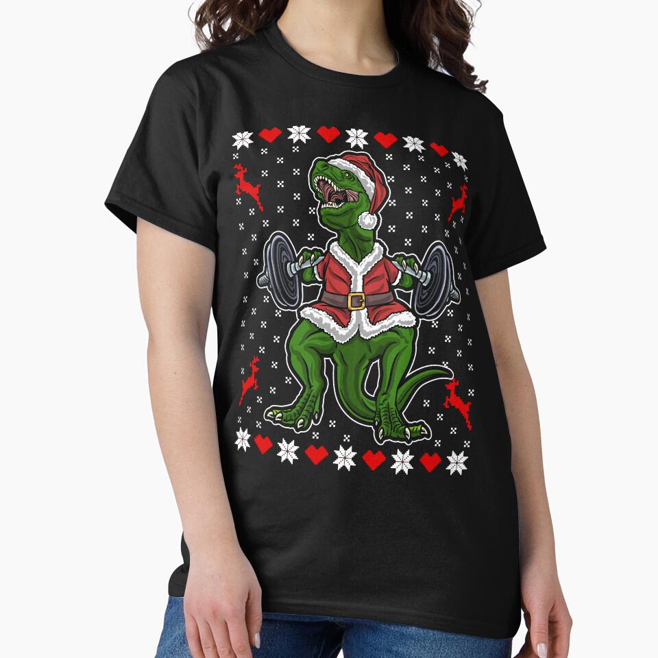 Cute T-Rex in the Gym - Funny Weight Lifting Christmas Dino by madtoyman T-Shirts, Hoodie, Sweatshirt (Image 2)