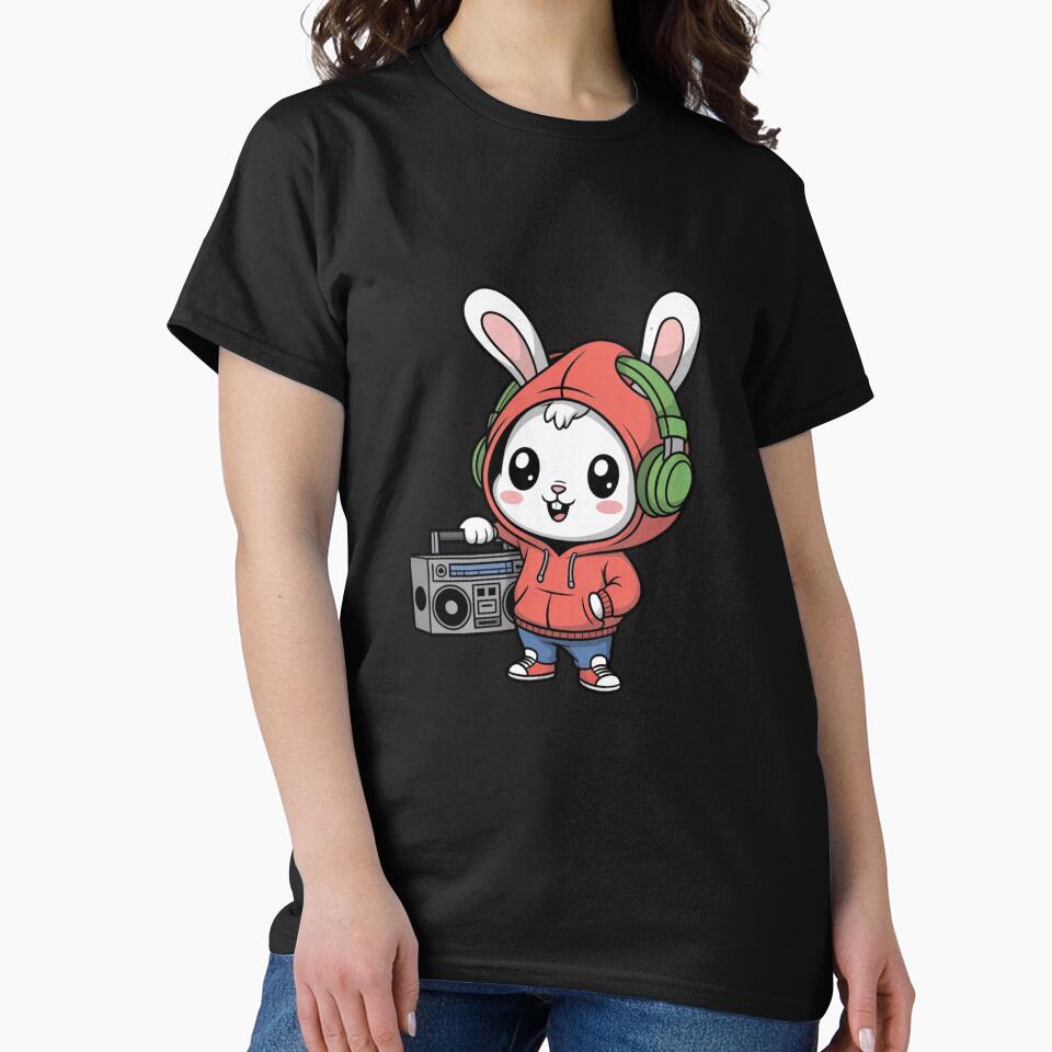 Cute Chibi Bunny Hip-Hop Design | Kawaii Pastel Bunny with Hoodie & Boombox by ColorSplash123 T-Shirts, Sweatshirt (Image 2)
