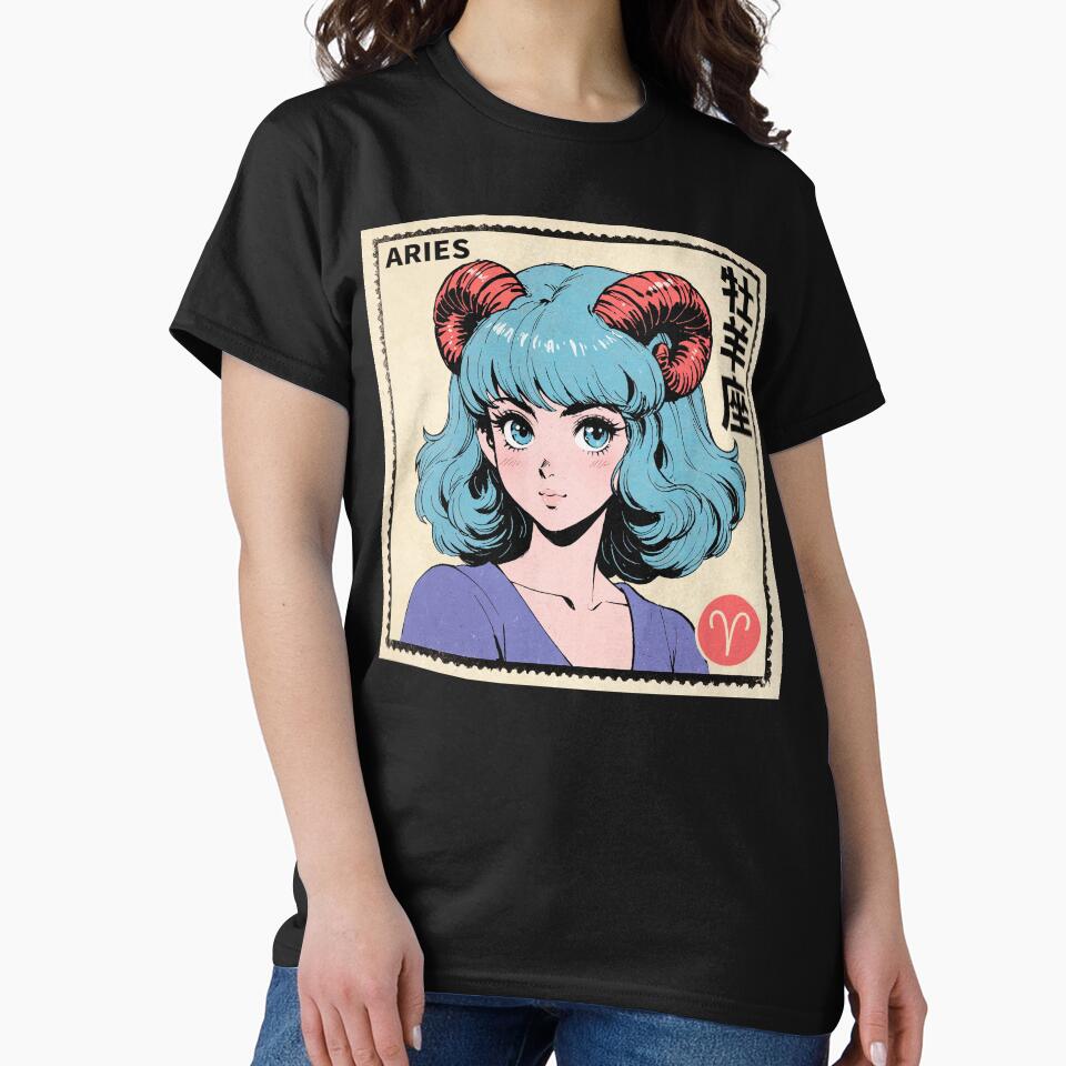 Aries Zodiac Sign Green Haired Pretty Anime Girl Vintage Postage Stamp Aesthetic by onlyanimevibes T-Shirts,... (Image 2)