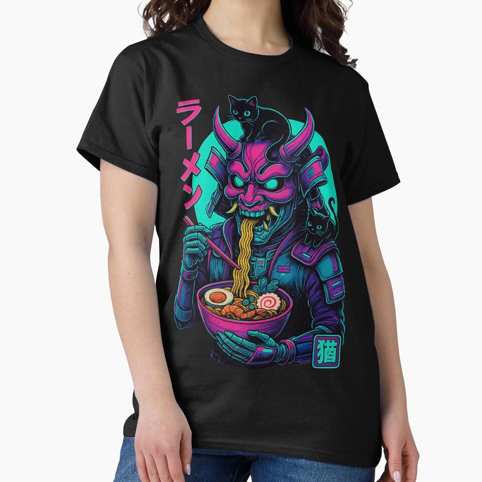 Oni Samurai Ramen with Black Cats Neon Tokyo Art Synthwave Style by Damcoc T-Shirts, Hoodie, Sweatshirt (Image 2)