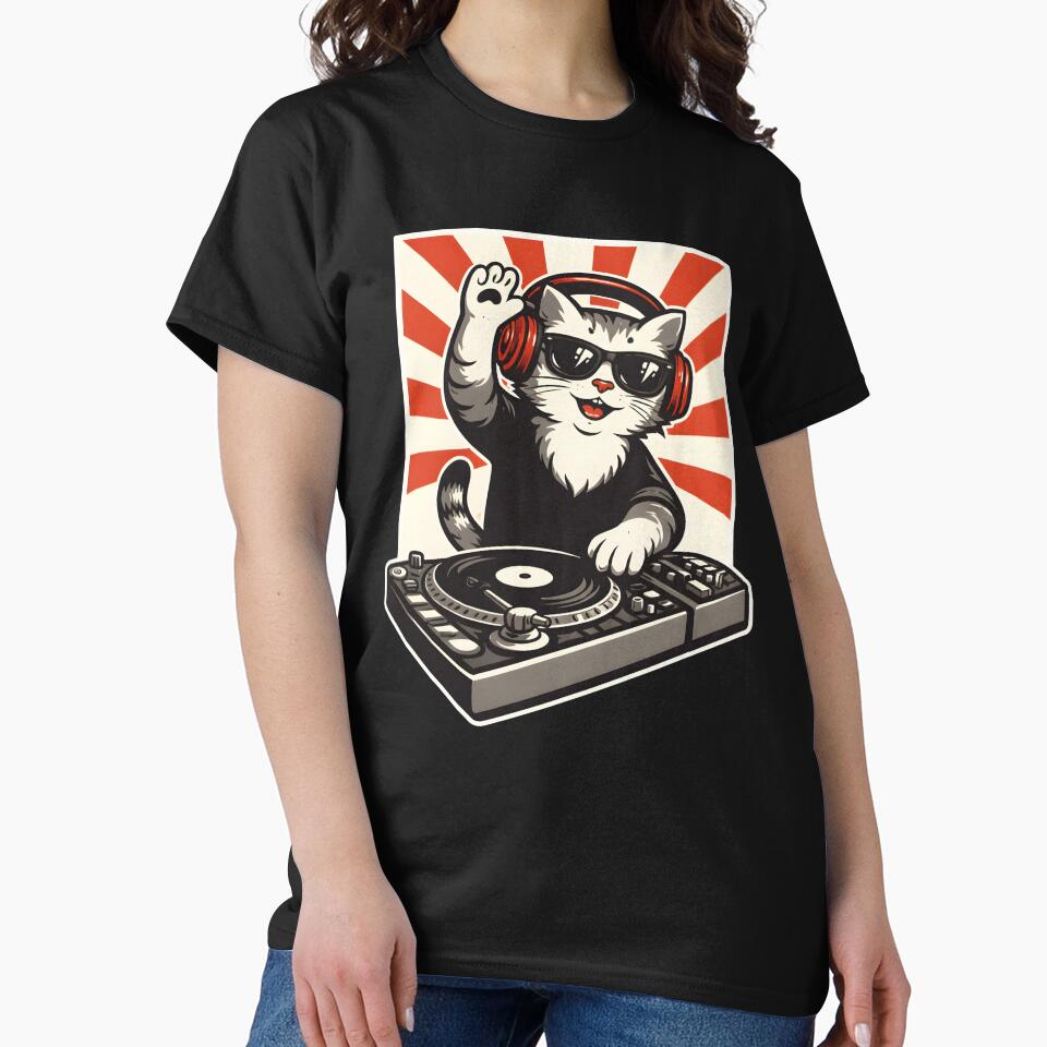 DJ Cat Turntable, Funny DJ Cat Shirt Gift, Electronic Music Lover Graphic Tee for DJs, Music Producers, Party... (Image 2)