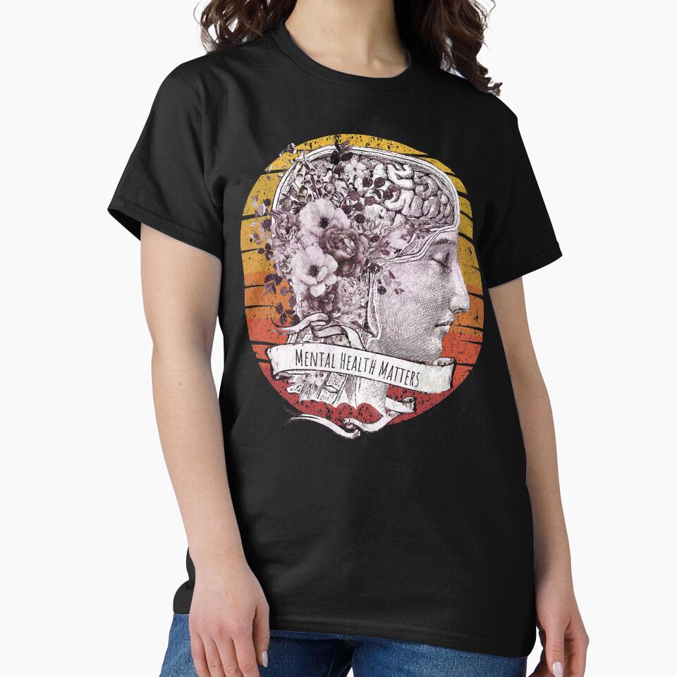 Brain anatomy floral mental health, brain psychology, sunset Vintage style, mental health matters by... (Image 2)