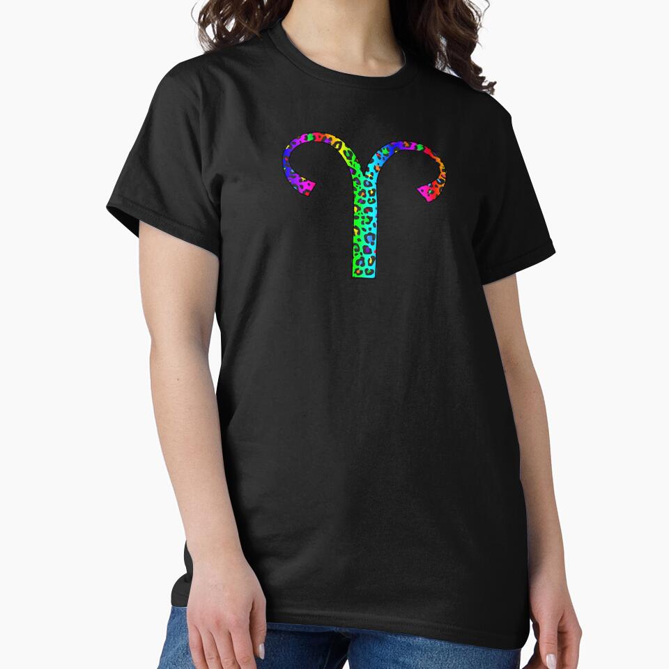 Aries Zodiac Symbol in Dark Rainbow Leopard Print Pattern by Bumblefuzzies T-Shirts, Hoodie, Sweatshirt (Image 2)