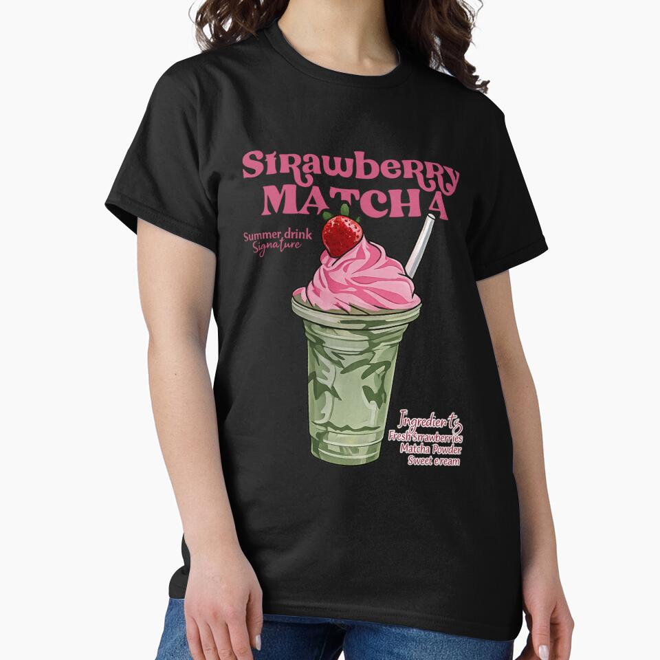 Strawberry Matcha — Cute Aesthetic Summer Drink Illustration by flowerpower999 T-Shirts, Hoodie, Sweatshirt (Image 2)