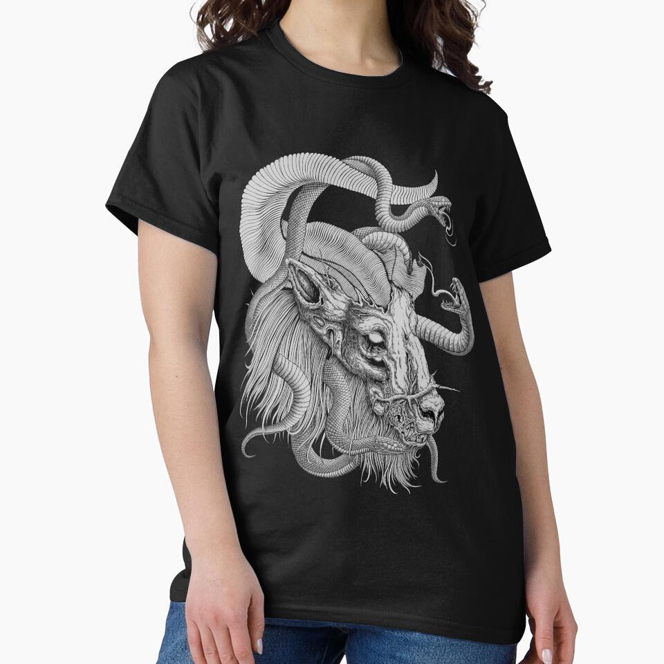 Rotten goat head with three coiled snakes - Black and White by SanXaloonk T-Shirts, Hoodie, Sweatshirt (Image 2)