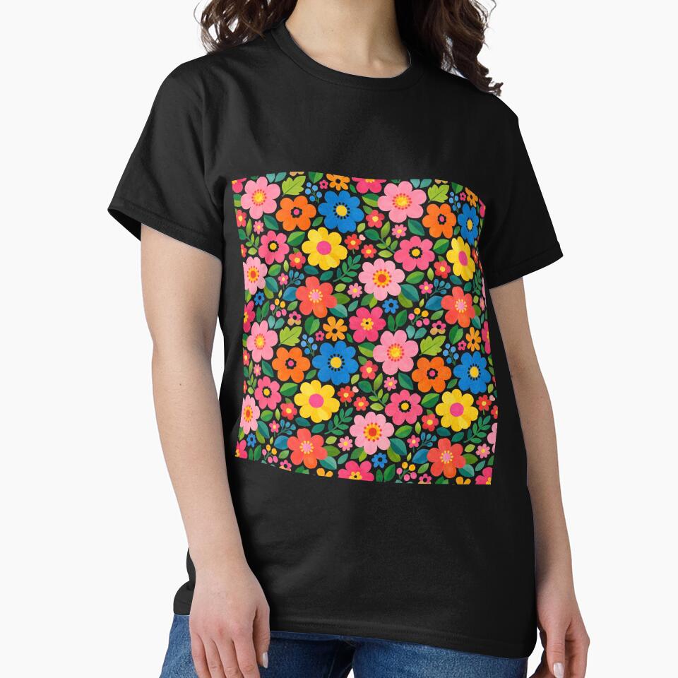 Bold Folk Floral Pattern – Colorful Modern Botanical on Black by Velavue T-Shirts, Hoodie, Sweatshirt (Image 2)