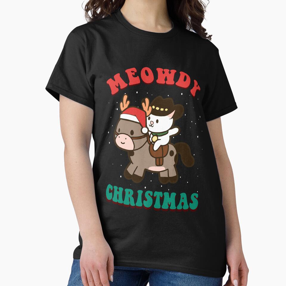 Meowdy Christmas Cute Cowboy Cat Riding A Reindeer Horse Pun by Daytone T-Shirts, Hoodie, Sweatshirt (Image 2)