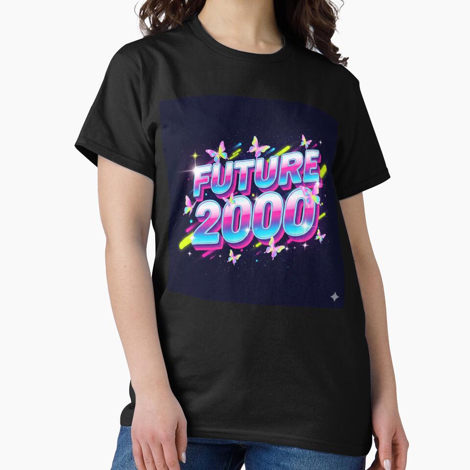 Future 2000 Neon Y2K Aesthetic – Retro Futuristic Butterfly Typography Design by R & K Fashions T-Shirts,... (Image 2)