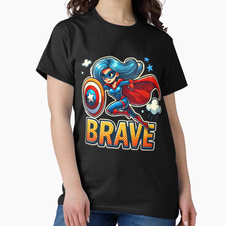 Female Superhero with Shield and "Brave" Phrase by AnyMar2023 T-Shirts, Hoodie, Sweatshirt | BlankRebels.com (Image 2)