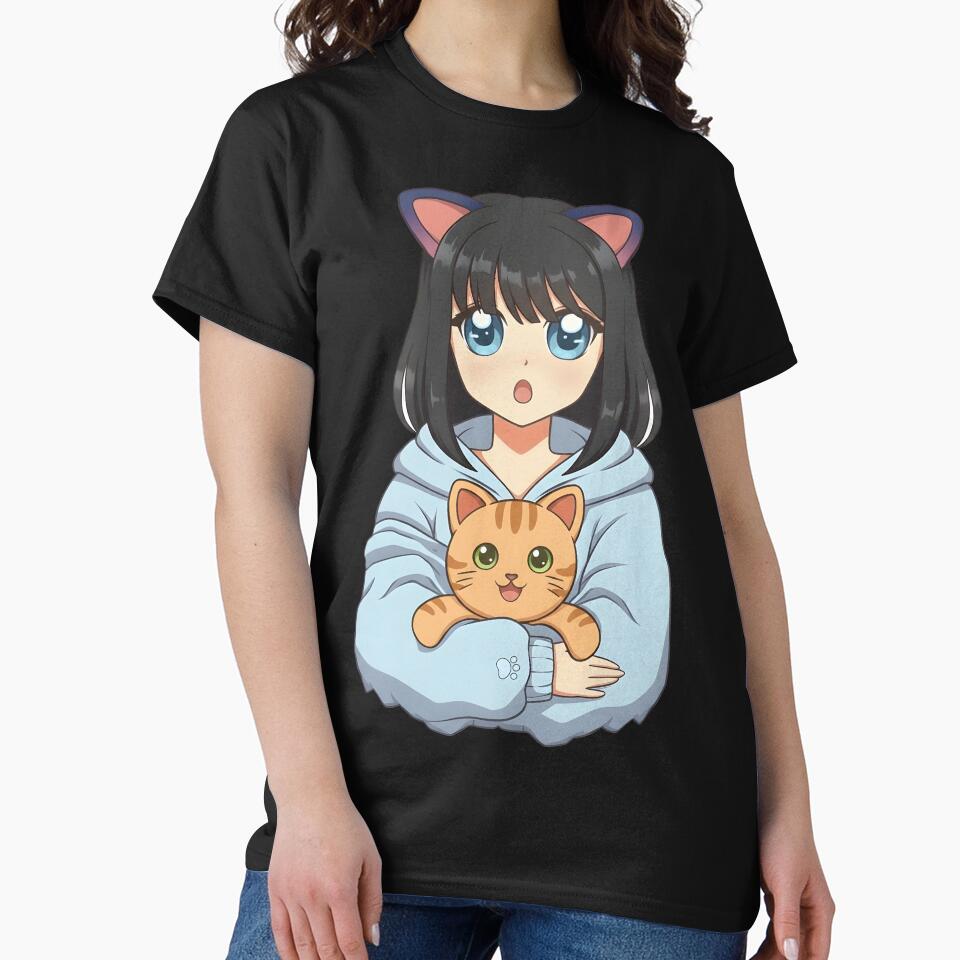 Kawaii Anime Girl with Cat Ears Holding Ginger Tabby Kitten Art by DrawHandArt T-Shirts, Hoodie, Sweatshirt (Image 2)
