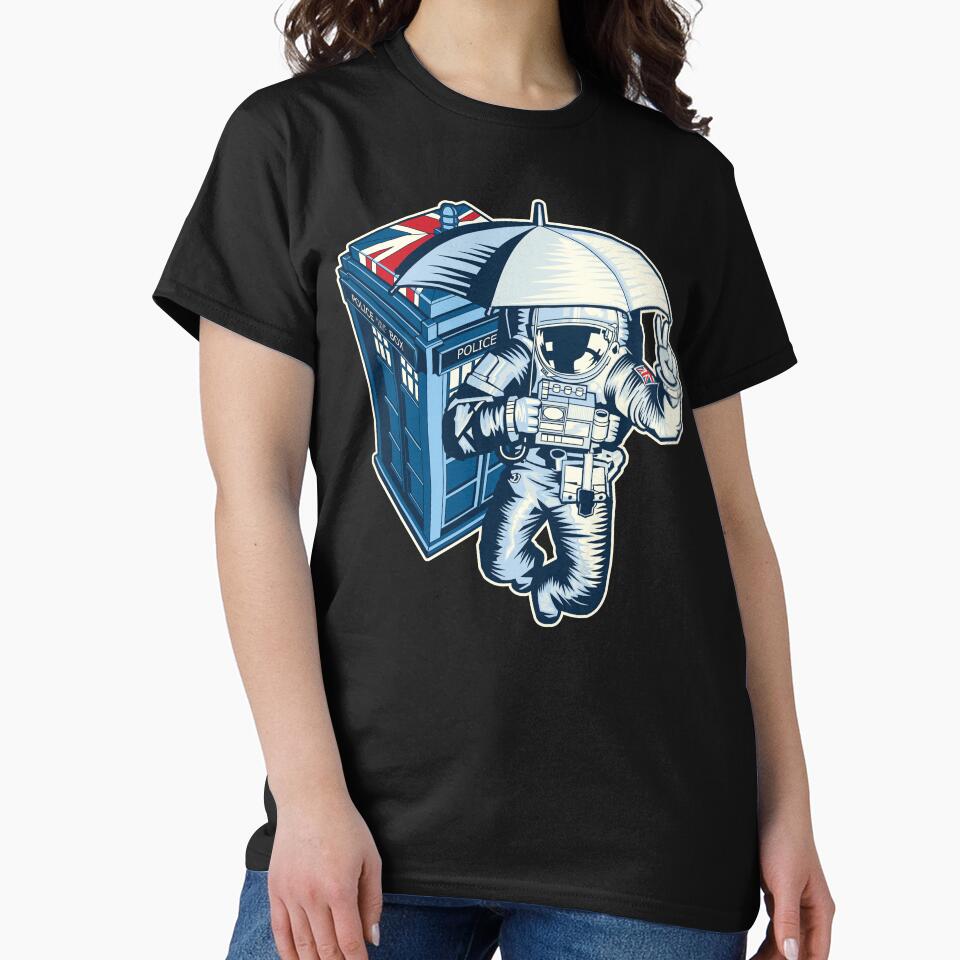 British astronaut holding an umbrella in space near a police box by robimerch T-Shirts, Hoodie, Sweatshirt (Image 2)