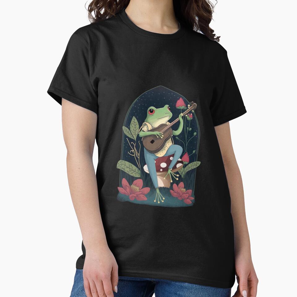 Cottagecore Aesthetic Frog Playing Banjo on Mushroom Cute Vintage - Goblincore Farmer Toad in Garden - Dark... (Image 2)