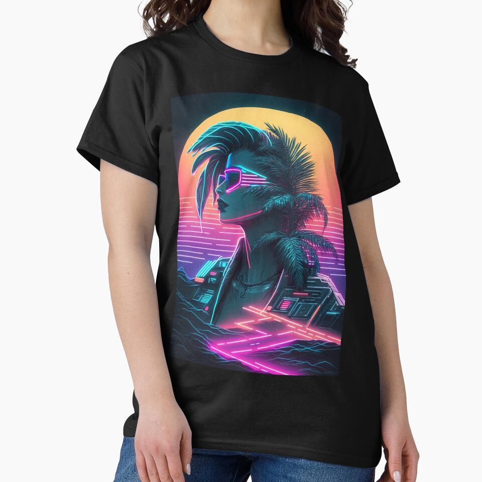 Cyber Twilight: Sunset with a Synthwave Female Cyborg by Mullet Monkey T-Shirts, Hoodie, Sweatshirt (Image 2)