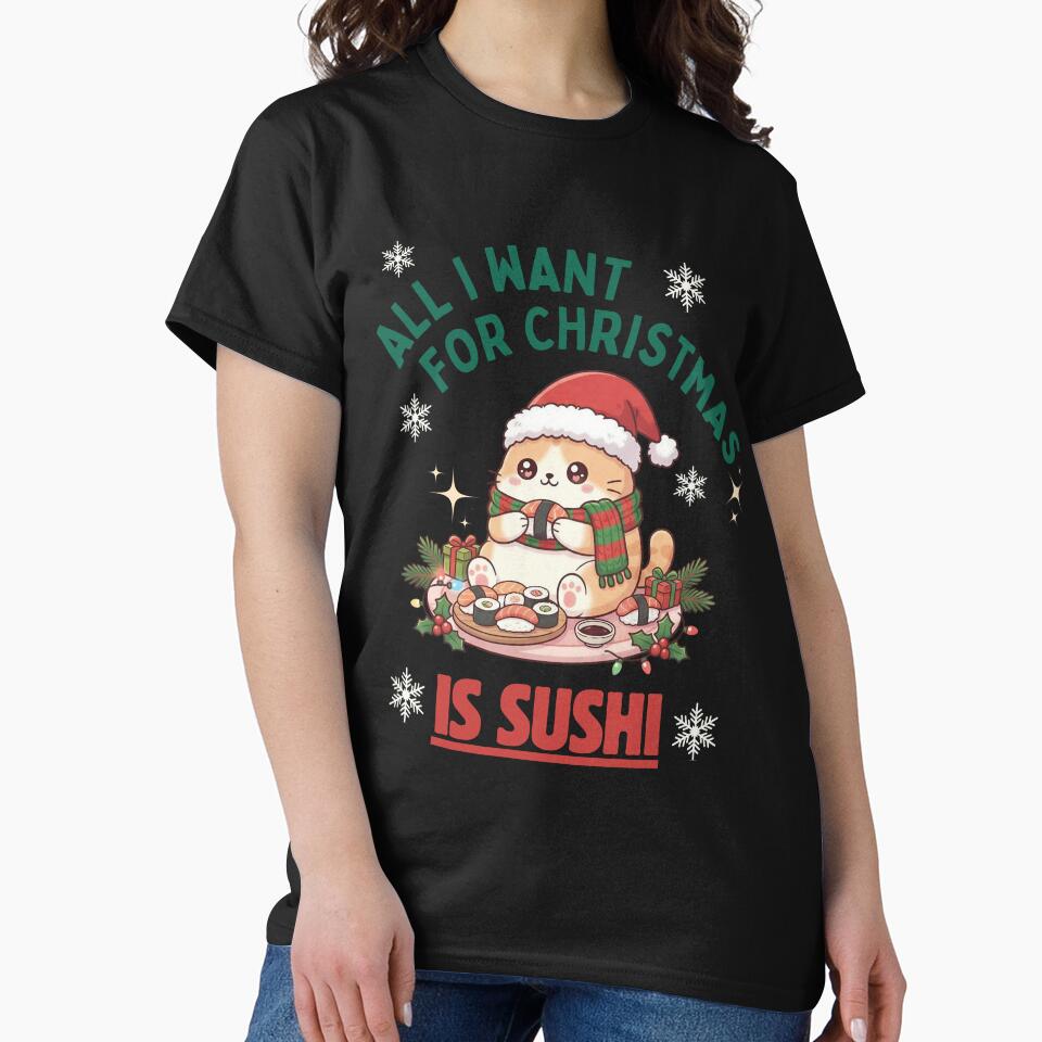 Cute Christmas Cat Eating Sushi – Kawaii Holiday Sushi Lover Design by JB-designstudio T-Shirts, Hoodie, Sweatshirt (Image 2)