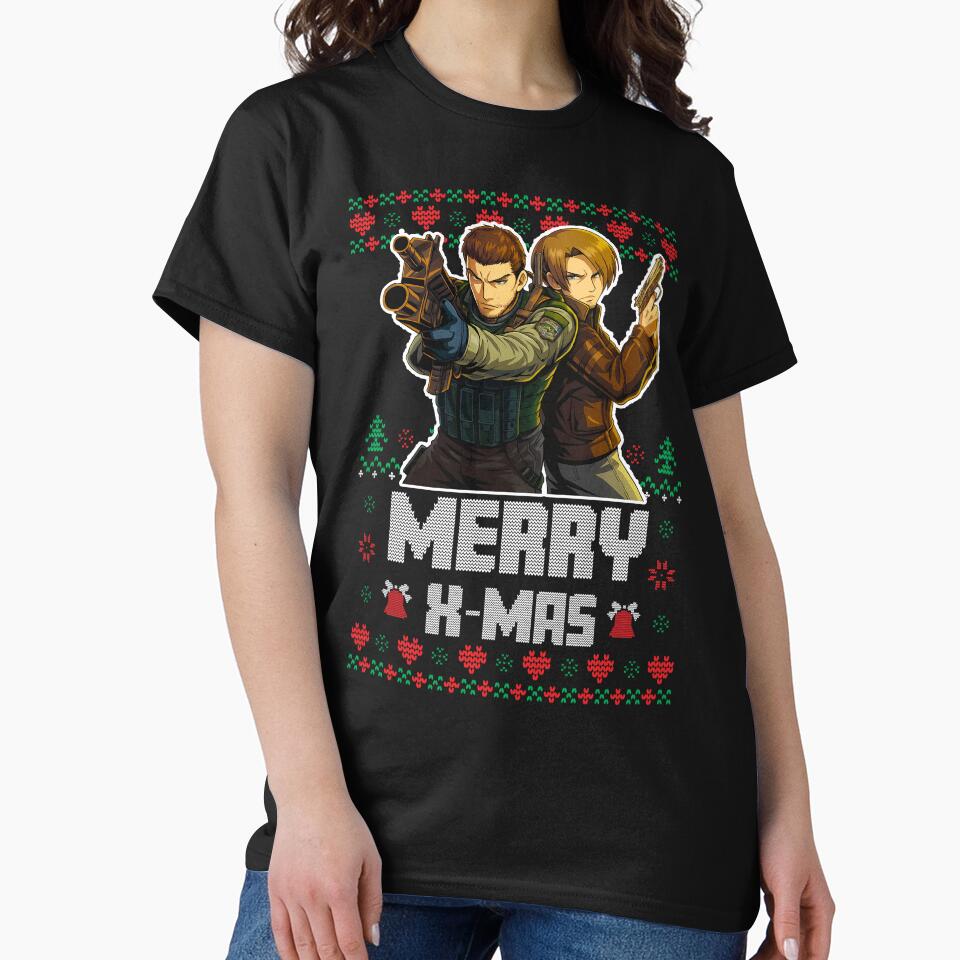 Christmas Resident Evil Leon & Chris Classic Retro Xmas Gaming Art by Back2Collage T-Shirts, Hoodie, Sweatshirt (Image 2)