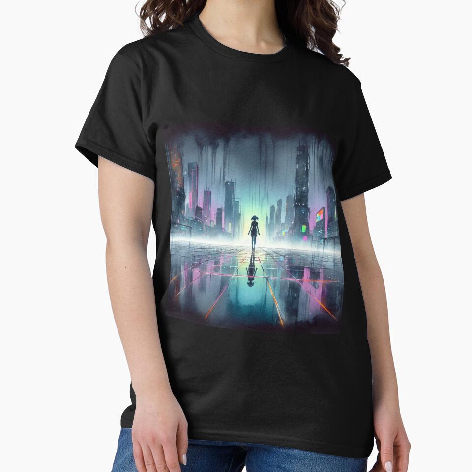 Cyberpunk Neon Silhouette Girl with Skyscrapers Background by RESToRAPTOR T-Shirts, Hoodie, Sweatshirt (Image 2)