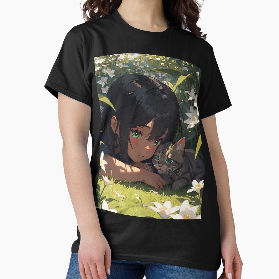 Anime Girl Cat Shoulder Portrait Art T-Shirts, Hoodie, Sweatshirt