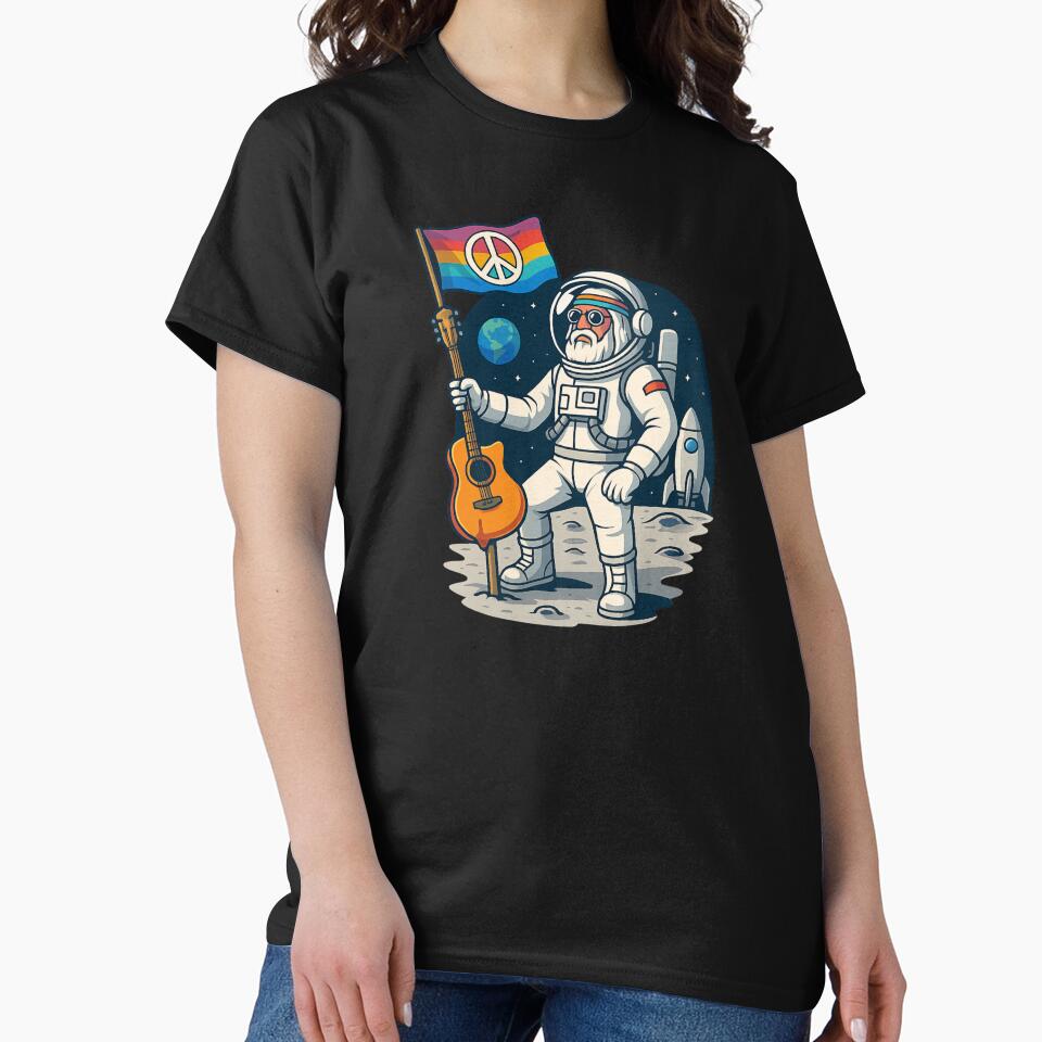 Elderly White Hippie Astronaut – Moon Peace Flag Guitar Design by Lunaria Arts T-Shirts, Hoodie, Sweatshirt (Image 2)