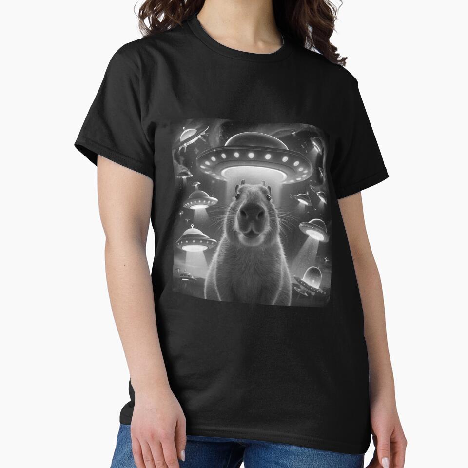 Funny Graphic Tee Capybara Selfie with UFOs Weird by Damcoc Hoodie, Sweatshirt | BlankRebels.com (Image 2)