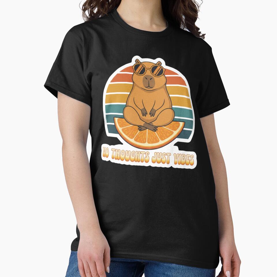 Funny Capybara on Orange Fruit No Thoughts Just Vibes Retro Sticker by TshirtAlles T-Shirts, Hoodie, Sweatshirt (Image 2)