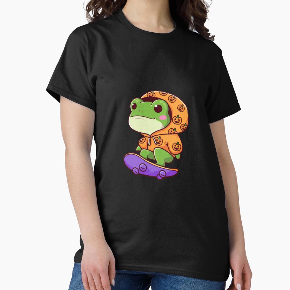 Cute Chibi Frog in Pumpkin Hoodie Riding Bat Skateboard – Hip-Hop Halloween Design by ColorSplash123 T-Shirts,... (Image 2)