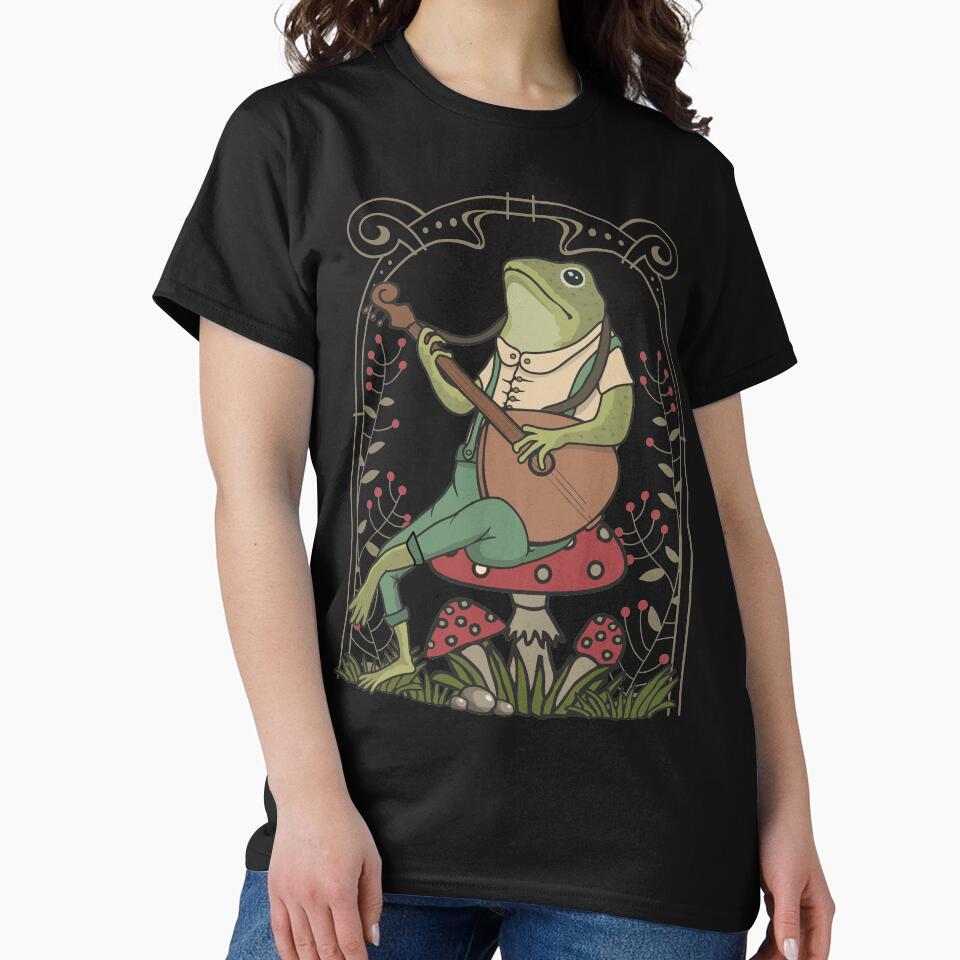 Cute Cottagecore Frog Playing Banjo Sitting On A Mushroom Naturecore Aesthetic Retro Art by alenaz T-Shirts,... (Image 2)
