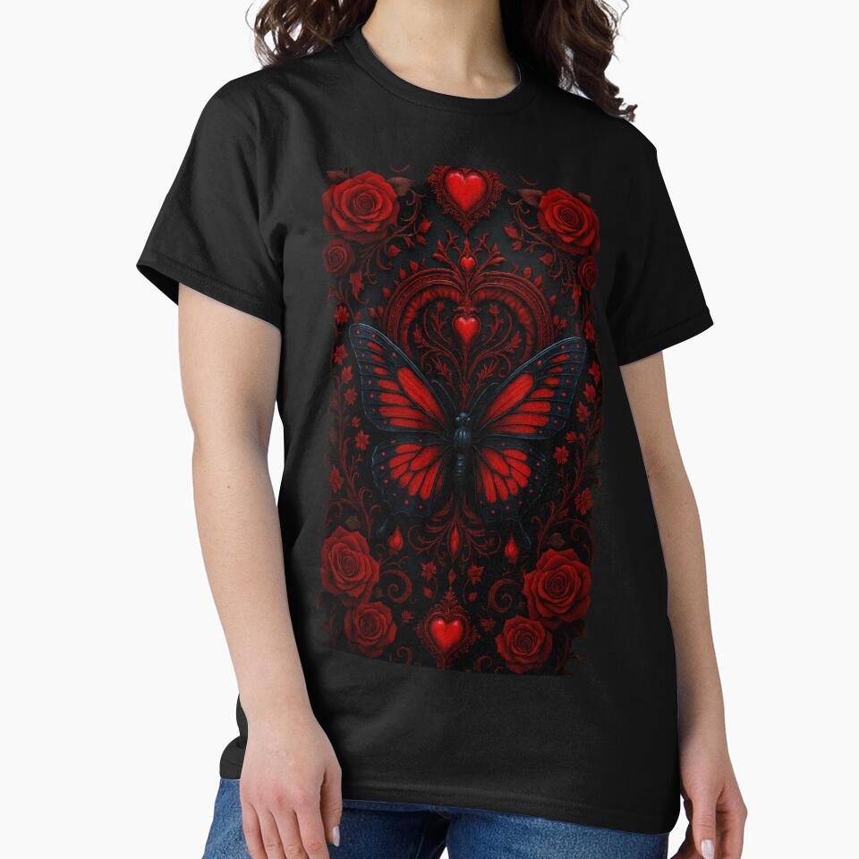 Gothic Red Butterfly with Roses and Hearts – Dark Fantasy Art by NeonCore T-Shirts, Hoodie, Sweatshirt (Image 2)